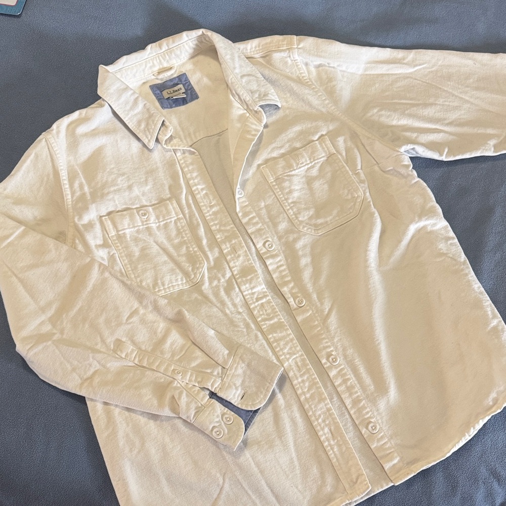 LLBean white button up chambray top long sleeve